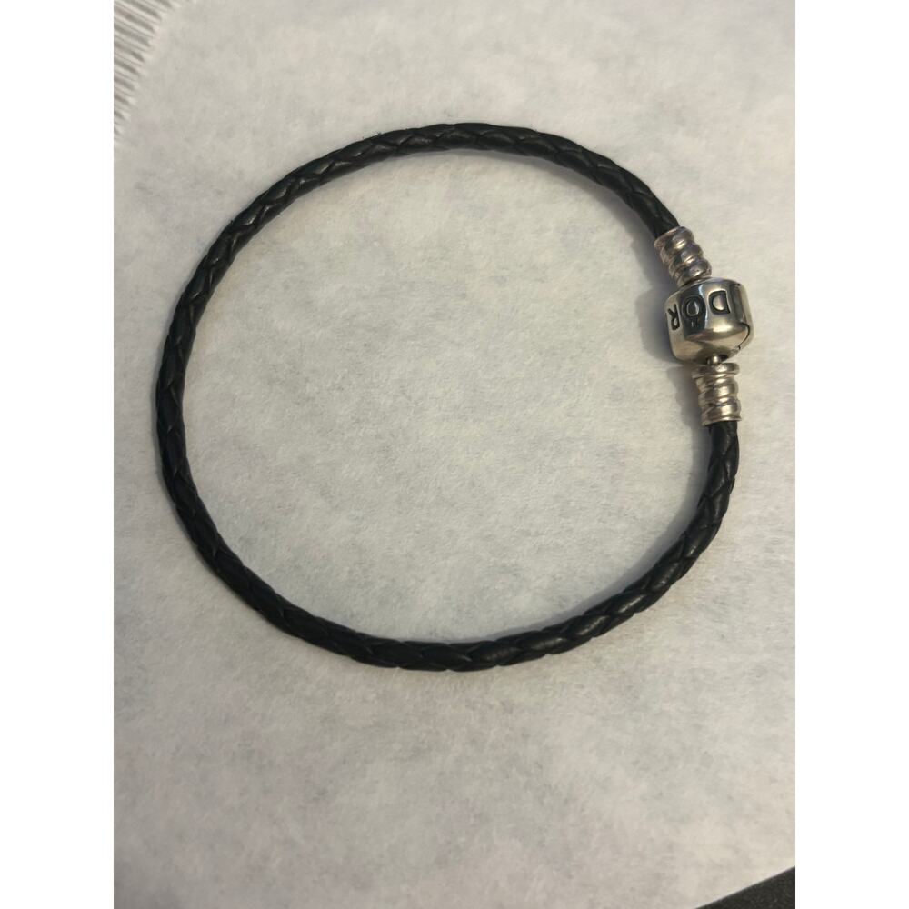 Pandora Black Leather Sterling Silver 925 ALE Charm Bracelet Sz 6.75”